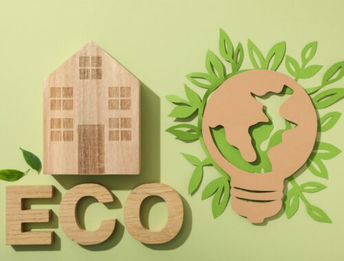 Eco house concept, wooden house with the word eco